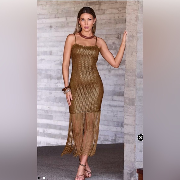 Boston Proper Shimmer Mesh Fringe - Gold Metallic - Glam Party Dress Size XXS - Picture 4 of 10